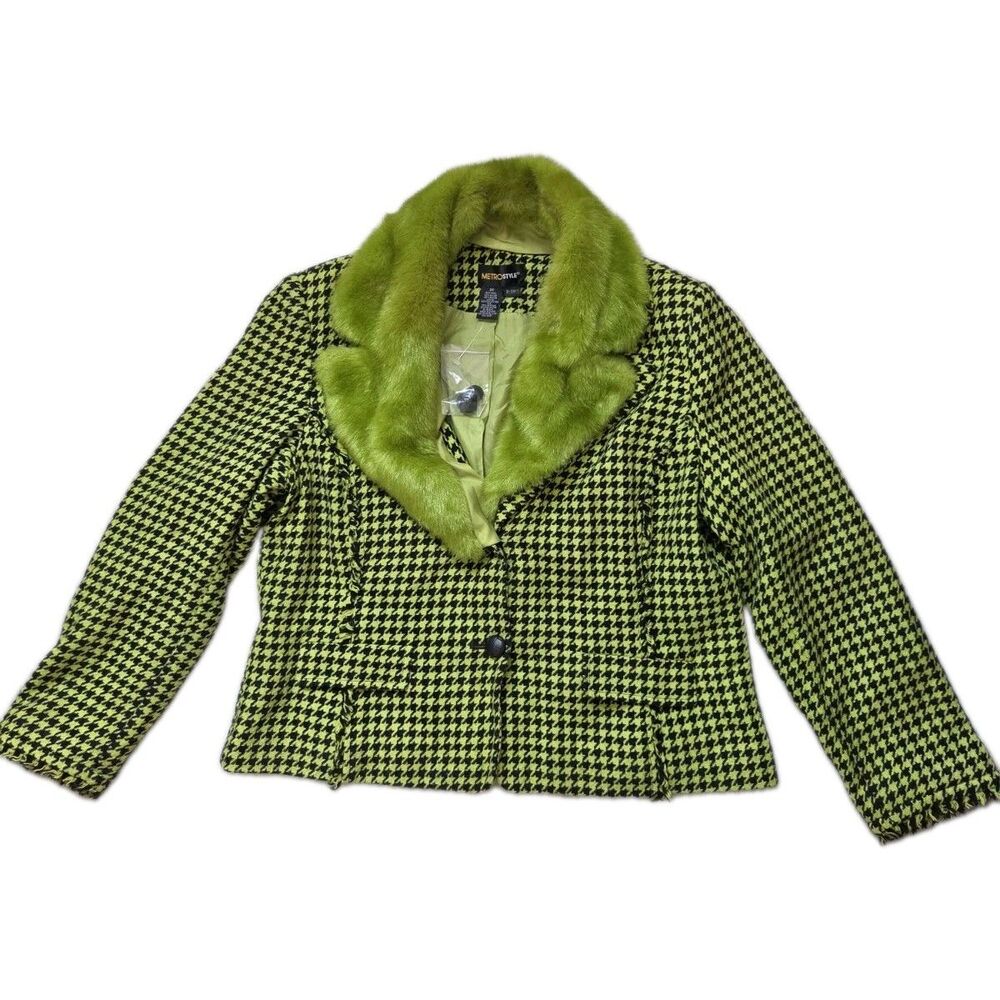 Metrostyle Houndstooth Faux Fur Trim Wool Blend Jacket Green Black Sz 20 EUC